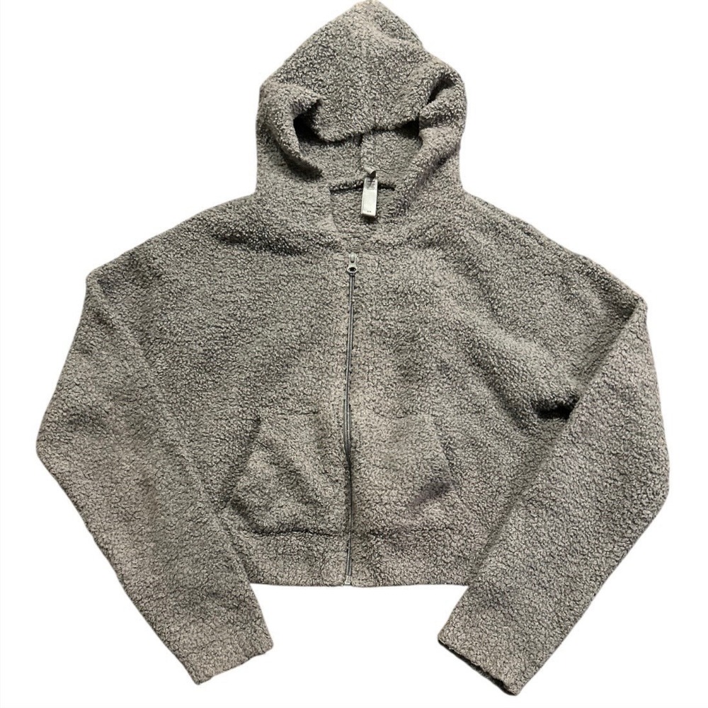 Skims Teddy Cropped Hoodie Women's  S/M Jacket Gray Full Zip Sherpa Dolman Soft